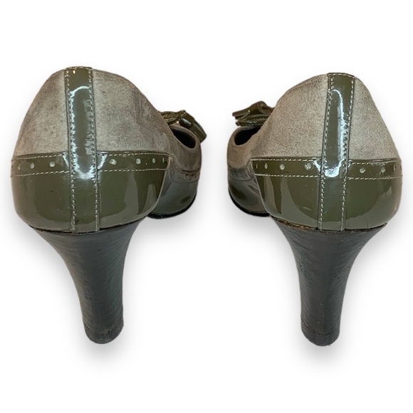 COLE HAAN PATENT LEATHER WINGTIP GREY GREEN PUMPS. WOMEN’S SIZE 6.5 - Picture 4 of 5